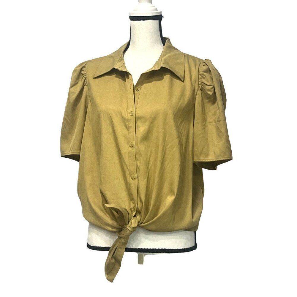 DR2 By Daniel Rainn Puff Sleeve Button-up Shirt In Golden Khaki, Sz. L